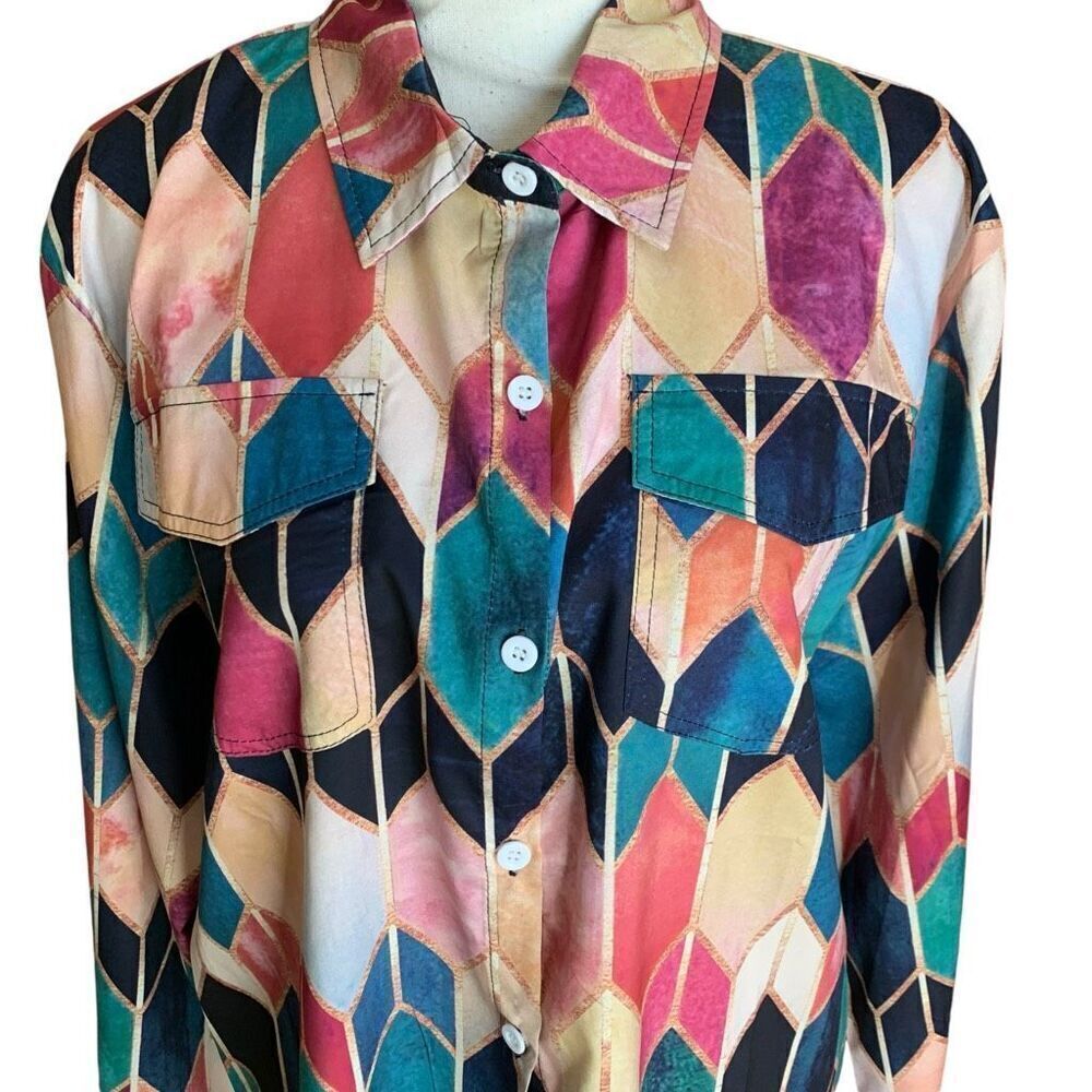 Geometric Pattern Multicolored Button-Up Blouse N… - image 2
